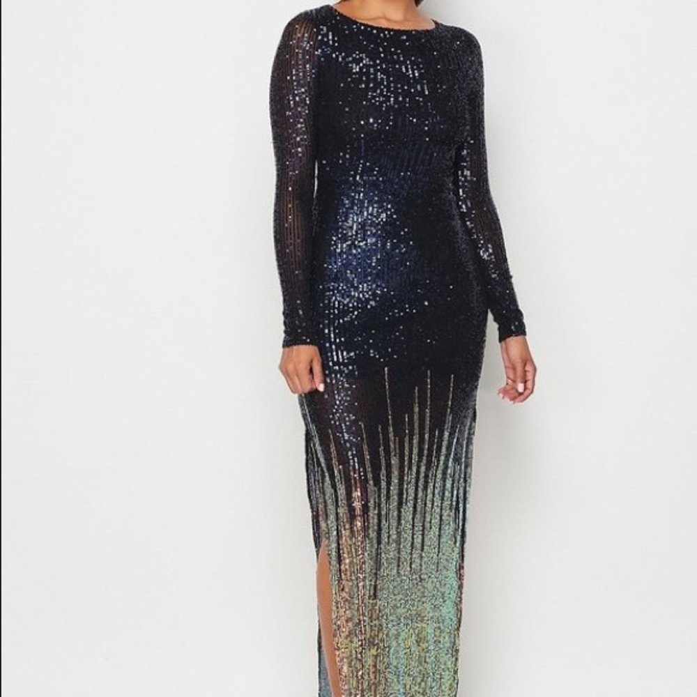 Ombré Boat Neck Open Tie Back Back Sequin Dress.